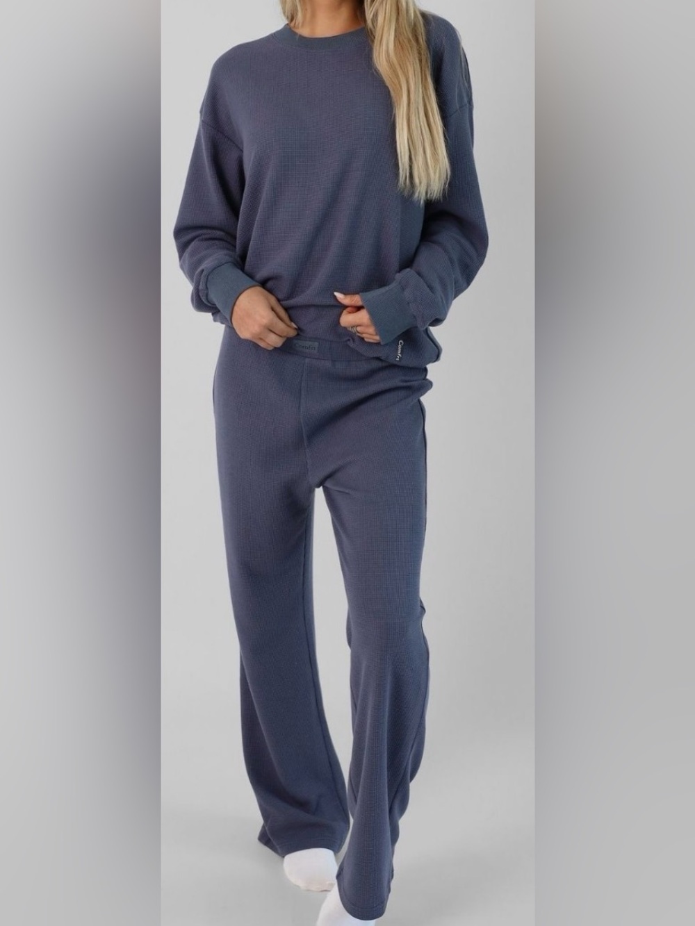 Comfrt stone blue waffle SET - Cozy Crewneck Top & Drawstring Pants - Picture 6 of 6